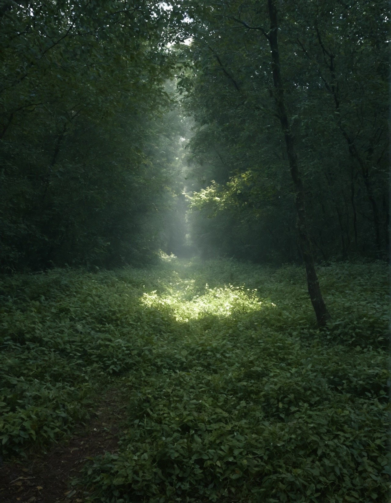 Forest scene with a beam of light filtering through the trees