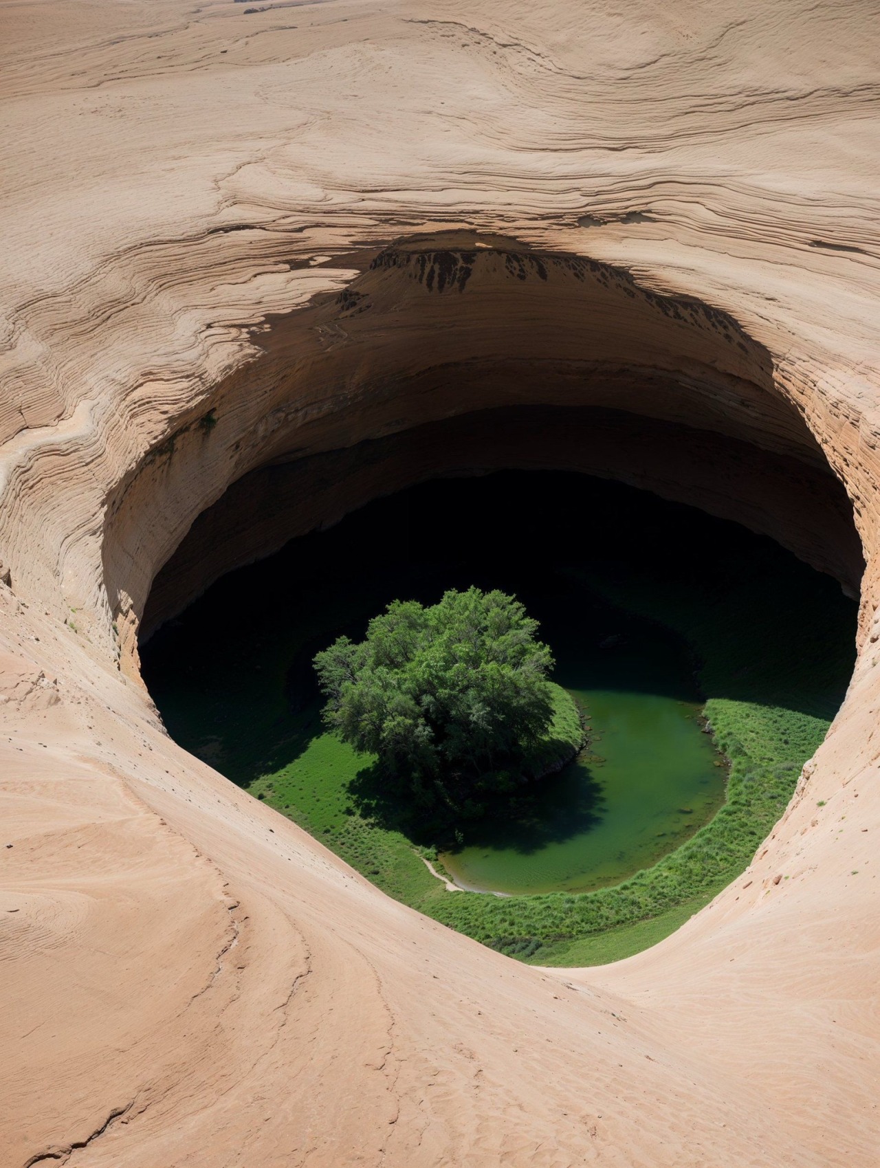 Aerial view of a circular rock formation with a tree at its center